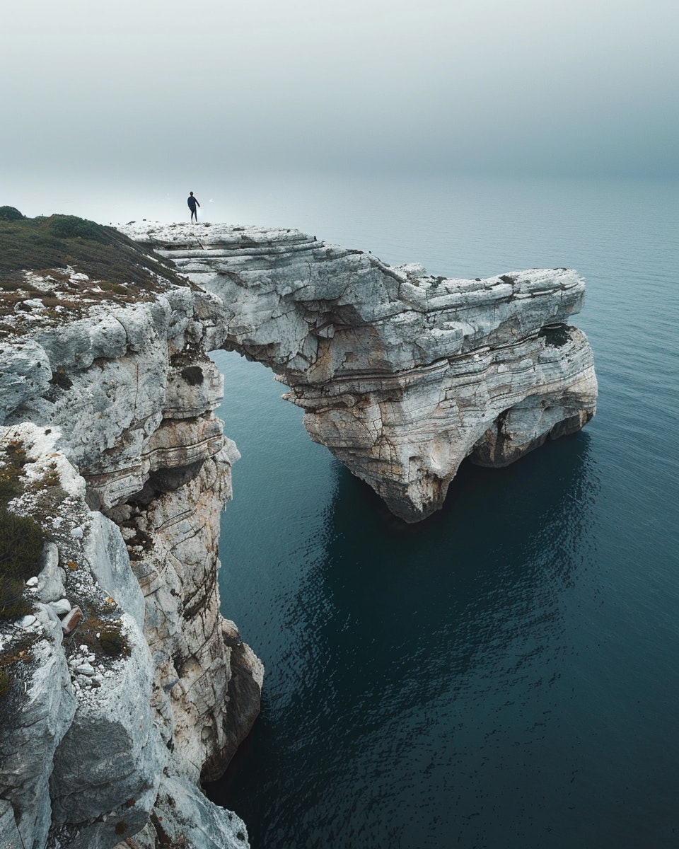 Person standing on white chalk cliffs overlooking the ocean
