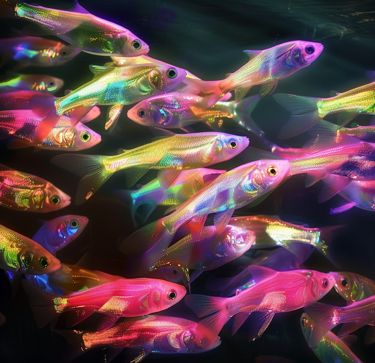Vibrant iridescent small fish with colorful scales in a dark underwater setting