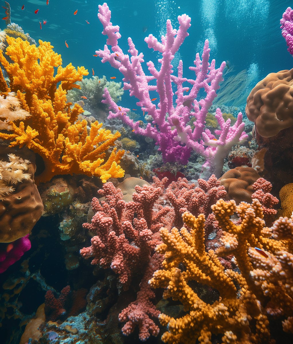 Colorful coral reef with vibrant pink, orange and yellow corals underwater